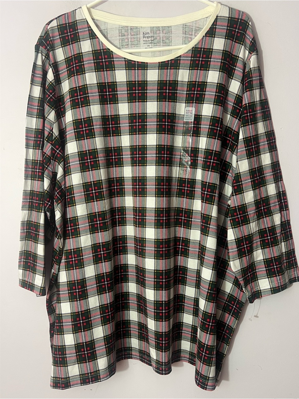 Kim Rogers 4X Plaid Christmas Top 3/4 Sleeve Cotton Holiday Tartan NWT